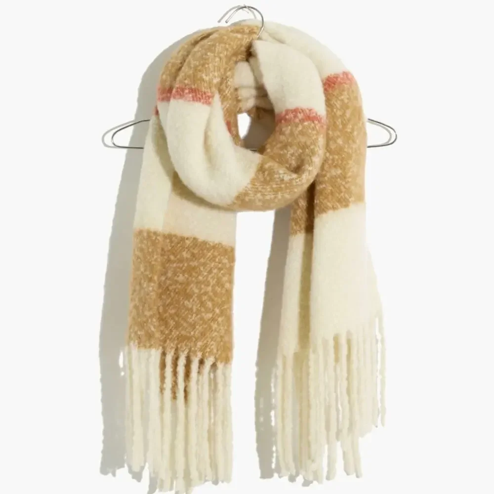 Madewell NEW Cream Tan Neutral Brushed Plaid Oversized Fringe Scarf Wrap